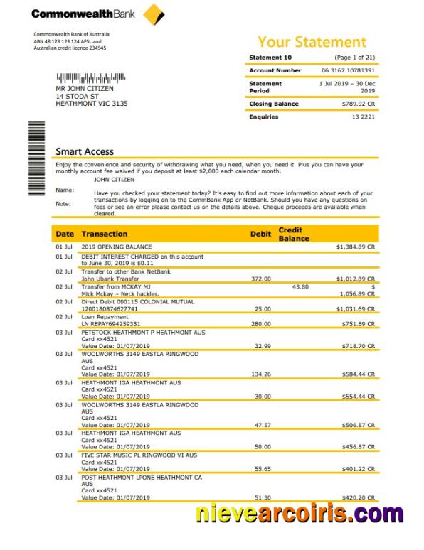 Australia Commonwealth bank statement in Word and PDF format, good for address prove